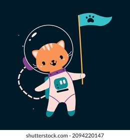 Space Adventure with Cat Astronaut in Spacesuit with Flag Exploring Galaxy Vector Illustration
