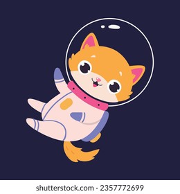 Space Adventure with Cat Astronaut in Spacesuit Floating Exploring Galaxy Vector Illustration