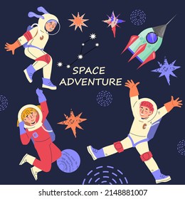 Space adventure for children banner or poster with kids astronauts characters. KIds space party or educational event banner template on topic of space discovery, vector.