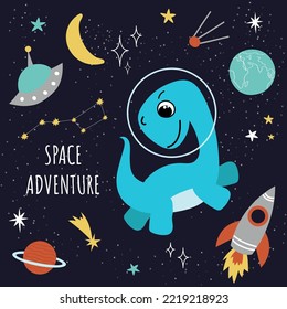 A space adventure. A children's postcard with an astronaut dinosaur, a rocket, planets, a flying saucer. Vector hand-drawn doodles, cartoon. A set of space objects and symbols. Packaging, wallpaper.