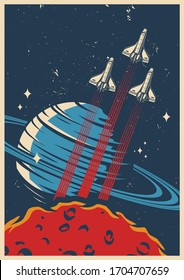 Space adventure colorful template with planets stars and flying shuttles in vintage style vector illustration