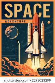 Videovolante vintage colorido de aventura espacial con nave espacial despegan el momento con astronautas para viajar alrededor de la ilustración vectorial del universo