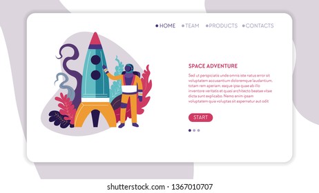 Space adventure cosmos exploration spaceman or astronaut Internet web page vector spaceship or rocket launch universe and planets traveling or interstellar voyage astronomy science online site mockup.