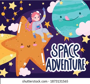 space adventure cute cartoon astronaut girl shooting star planets and clouds vector illustration