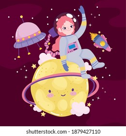 space adventure cute cartoon astronaut shuttle planet ufo and moon vector illustration