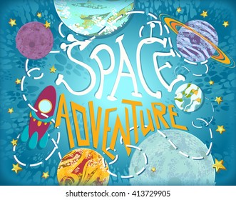 Space Adventure. Cute Cartoon Planets, rockets and stars, spaceship icons. Kid's card background. Childish background. Hand drawn elements, vector illustration.