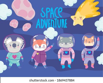 aventura espacial lindo zorro gato raccoon gato con traje astronauta caricatura ilustración vectorial