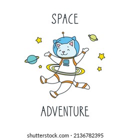 Space adventure. Doodle vector illustration of funny cat astronaut in space. Vector 10 EPS.