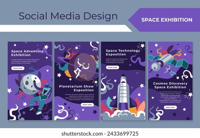 Space adventure exhibition, social media design. Astronomy excursion advertising set, template banner with galaxy, planet. Planetarium show advertising, discovery cosmos collection