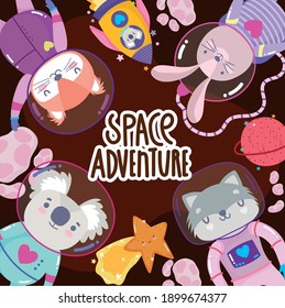 space adventure explore animals cartoon in spacesuits vector illustration