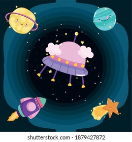 space adventure explore ufo and planets cute cartoon vector illustration