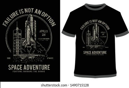 Space Adventure - Failure Is Not An Option Rocket vector graphic typographic poster. Vintage motorcycle label, badge, logo, icon or t-shirt