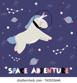 Space adventure fashion print with funny unicorn and slogan. Vector hand drawn illustration.