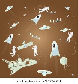 Space adventure funny background. A lot of space objects illustrates the technical progress of humans. Teamwork illustration in space.