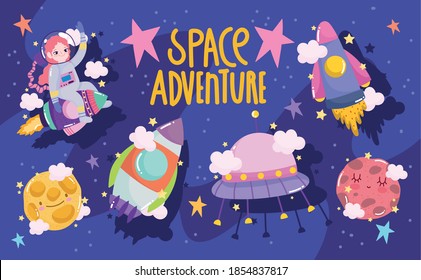 space adventure galaxy cartoon astronaut shuttle planet ufo and moon vector illustration