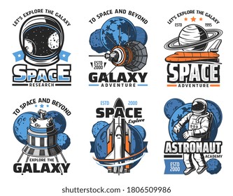 Space adventure, galaxy exploration vector icons. Astronaut in outer space, shuttle orbiter and solar system planets, artificial satellite on Earth and Moon orbit, spacesuit helmet retro illustrations