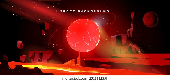 Space Abenteuer Spiel Hintergrund mit roten fremden Planeten. Vektorcartoon-Illustration einer fantasievollen kosmischen Landschaft mit Lavastrom in zerrissenen Felsen, Steine fliegen in der Luft, schimmernde Teilchen in der Dunkelheit