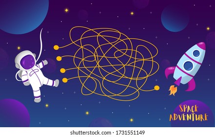 Space adventure game. Graphic user interface. Template for children board game. Vector background with funny and cute planets.