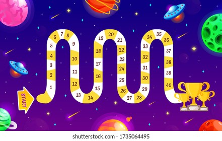 Space adventure game. Graphic user interface. Template for children's board game. Vector background with funny and cute planets.