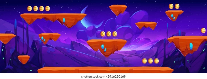 Space adventure game map with floating platforms. Vector cartoon illustration of alien planet rocky landscape, golden coins on level stones, score points, stars and moon glowing in dark night sky