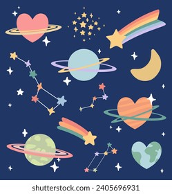 Space adventure illustration vector set. Various cosmic stickers set.