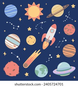 Space adventure illustration vector set. Various cosmic stickers set.