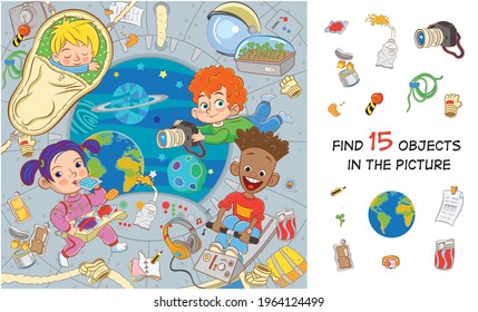 Space Adventure. International Children's Crew On A Spaceship In A State Of Zero Gravity Eat, Sleep, Take Pictures, Exercise. Find 15 Objects In The Picture. Hidden Objects Puzzle 