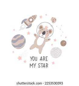 Space adventure koala. Cartoon bear, hand drawing lettering, decor elements. Pastel vector illustration for kids. Scandinavian flat style. baby design for cards, posters, t-shirt print.