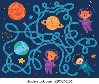 Space Adventure with labyrinth, Children's maze game, funny Educational, logic. Cute Cartoon planets, stars, astronauts. Kid's card background. Hand drawn elements, vector illustration.