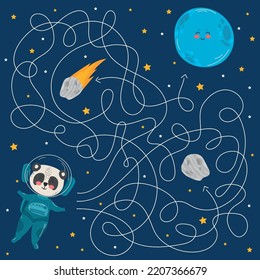 Space Adventure with labyrinth, Children's maze game, funny Educational, logic. Cute Cartoon planets, stars, astronauts. Kid's card background. Hand drawn elements, vector illustration.