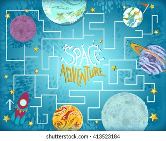 Space Adventure with labyrinth, Children's maze game, funny Educational, logic. Cute Cartoon Planets, rockets, stars, spaceship icons. Kid's card background. Hand drawn elements, vector illustration.