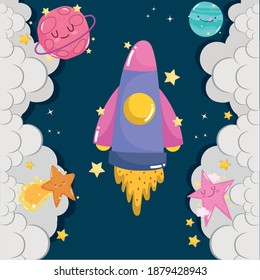 space adventure launch spaceship planet clouds cute cartoon vector illustration