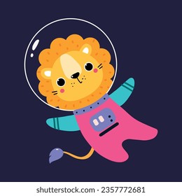 Space Adventure with Lion Astronaut in Spacesuit Floating Exploring Galaxy Vector Illustration