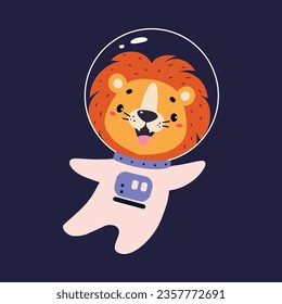 Space Adventure with Lion Astronaut in Spacesuit Floating Exploring Galaxy Vector Illustration