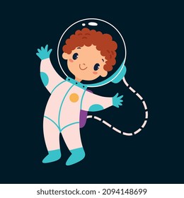Space Adventure with Little Boy Astronaut in Spacesuit Exploring Galaxy Vector Illustration