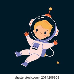 Space Adventure with Little Boy Astronaut in Spacesuit Exploring Galaxy Vector Illustration
