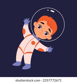 Space Adventure with Little Boy Astronaut in Spacesuit Exploring Galaxy Vector Illustration