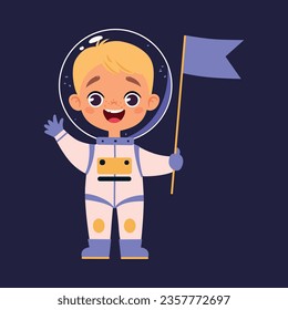 Space Adventure with Little Boy Astronaut in Spacesuit with Flag Exploring Galaxy Vector Illustration