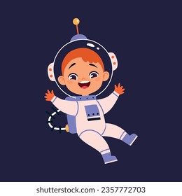 Space Adventure with Little Boy Astronaut in Spacesuit Exploring Galaxy Vector Illustration