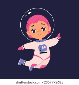 Space Adventure with Little Girl Astronaut in Spacesuit Exploring Galaxy Vector Illustration