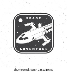 Space adventure logo, badge, patch. Vector illustration. Concept for shirt, print, stamp, overlay or template. Vintage typography design with space rocket and mars silhouette.