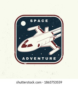 Space adventure logo, badge, t shirt design, print. Vector. Concept for shirt, print, stamp, overlay or template. Vintage typography design with space rocket and mars silhouette.