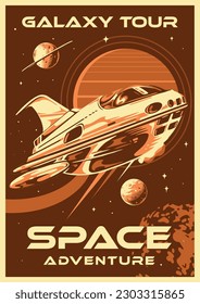 Space adventure monochrome vintage poster invitation to go on galactic tour on spaceship and visit different solar system vector illustration