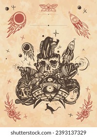 Space adventure. Old paper vector. Cover page template. Game art. Dead spaceman, girl astronaut, gun blaster, UFO, space monster and rocket