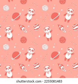 Space adventure panda seamless pattern. Cartoon bear, hand drawing lettering, decor elements. Scandinavian monochrome flat style. baby design for cards, posters, t-shirt print.