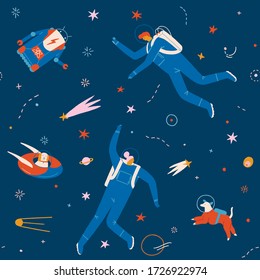 Space adventure pattern with boy, girl, dog and robot astronaut explore cosmos seamless pattern. Kids cute fabric design in vector.