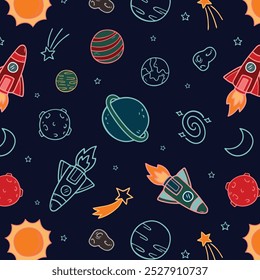 Space adventure pattern for kids. Colorful seamless cosmic print for baby textile and fabric.