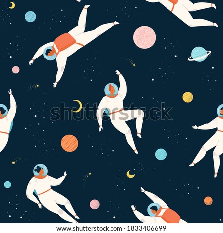 Space adventure pattern with woman and man and astronaut explore cosmos seamless pattern. Cute fabric design.