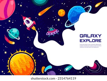 Space adventure poster. Cartoon rocket and ufo starship in galaxy, space planets and stars. Vector background with spaceship or spacecraft travel in Universe explore cosmos with white smoke frame