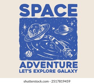 Espaço aventura impressão design para vestuário, adesivo, lote, fundo, cartaz e outros. Vamos explorar a arte da galáxia. Astronauta no espaço exterior.